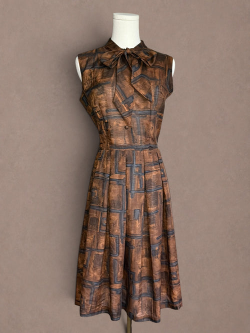 Abstract Print 50s Pussy Bow Dress
