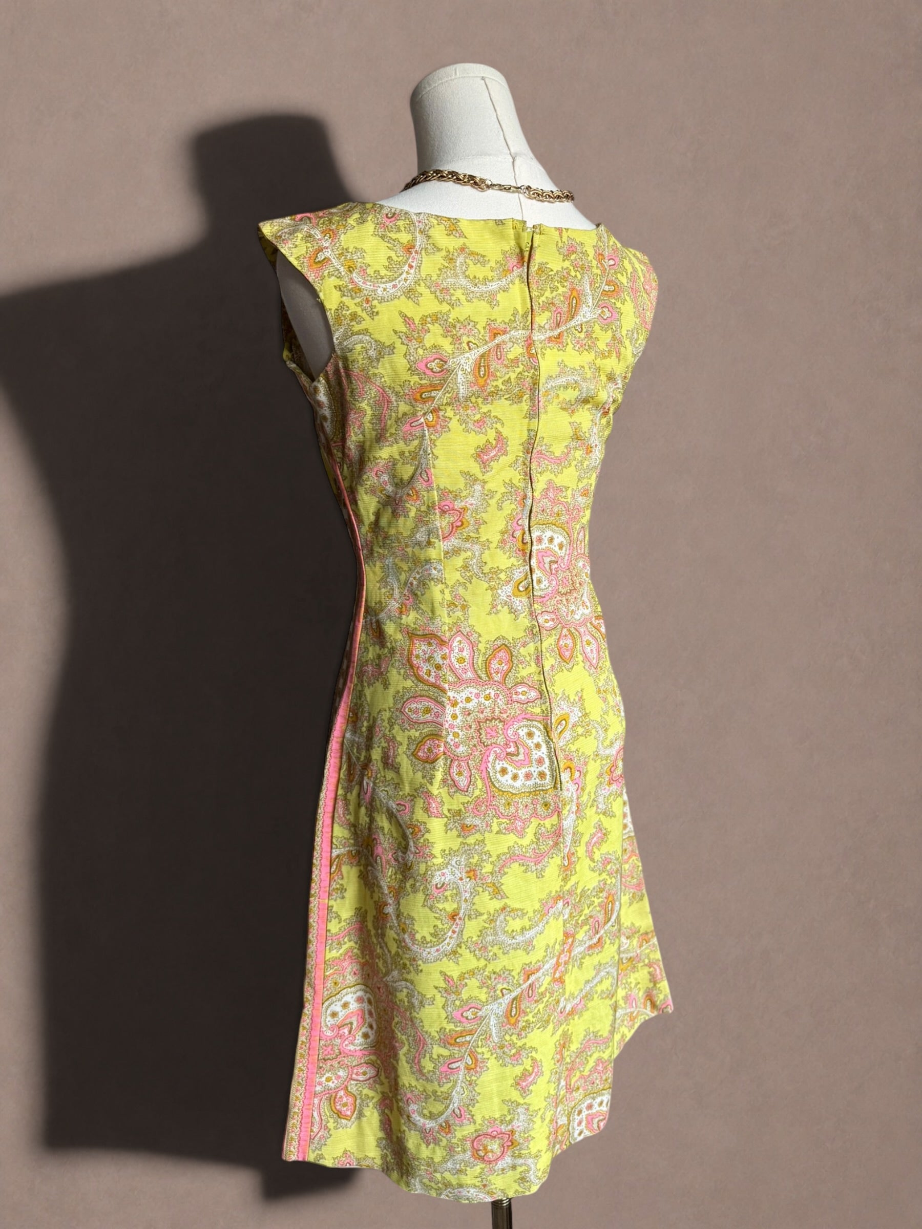 Neon Yellow & Hot Pink 60s Paisley Mod Mini Dress by Cos Cob