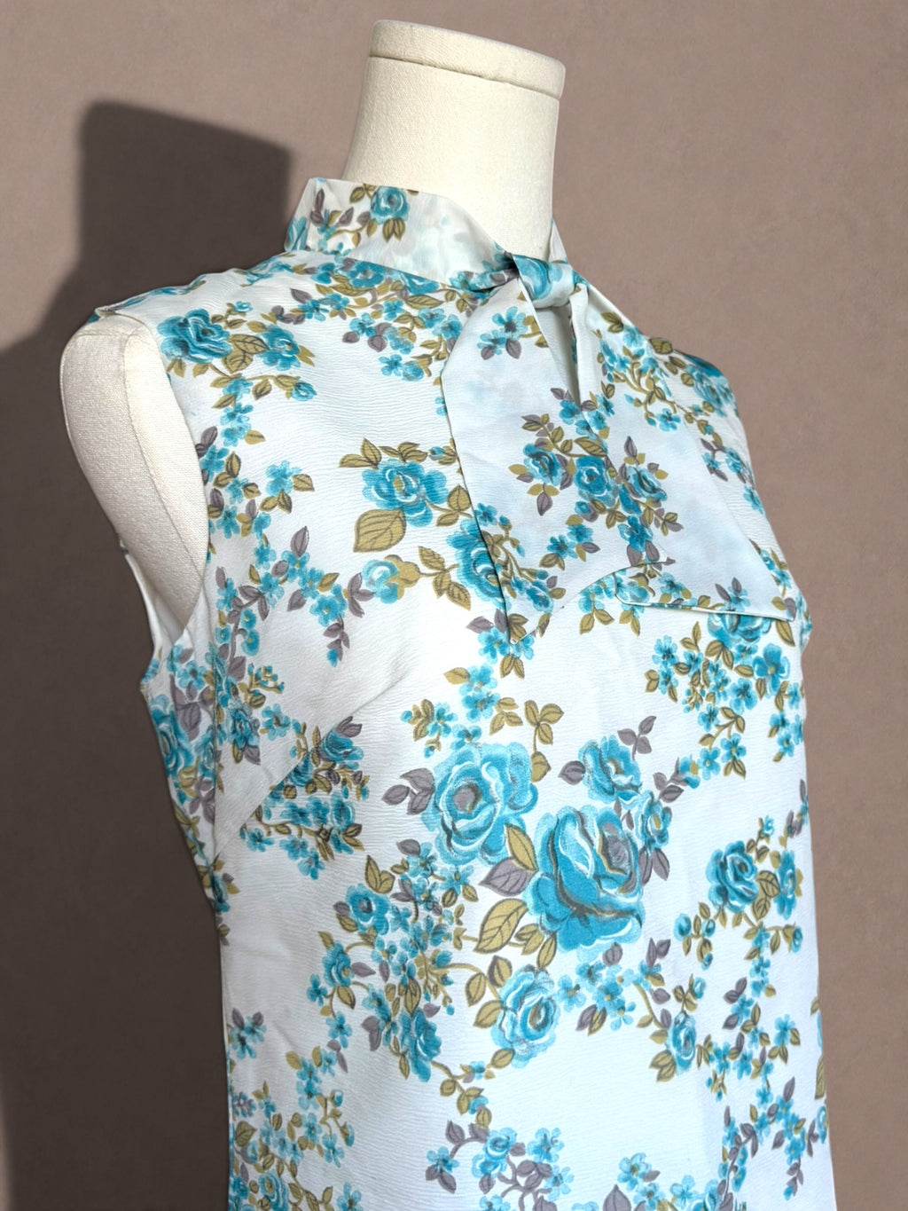 Blue Floral 60s Shift Dress with Bow Neckline