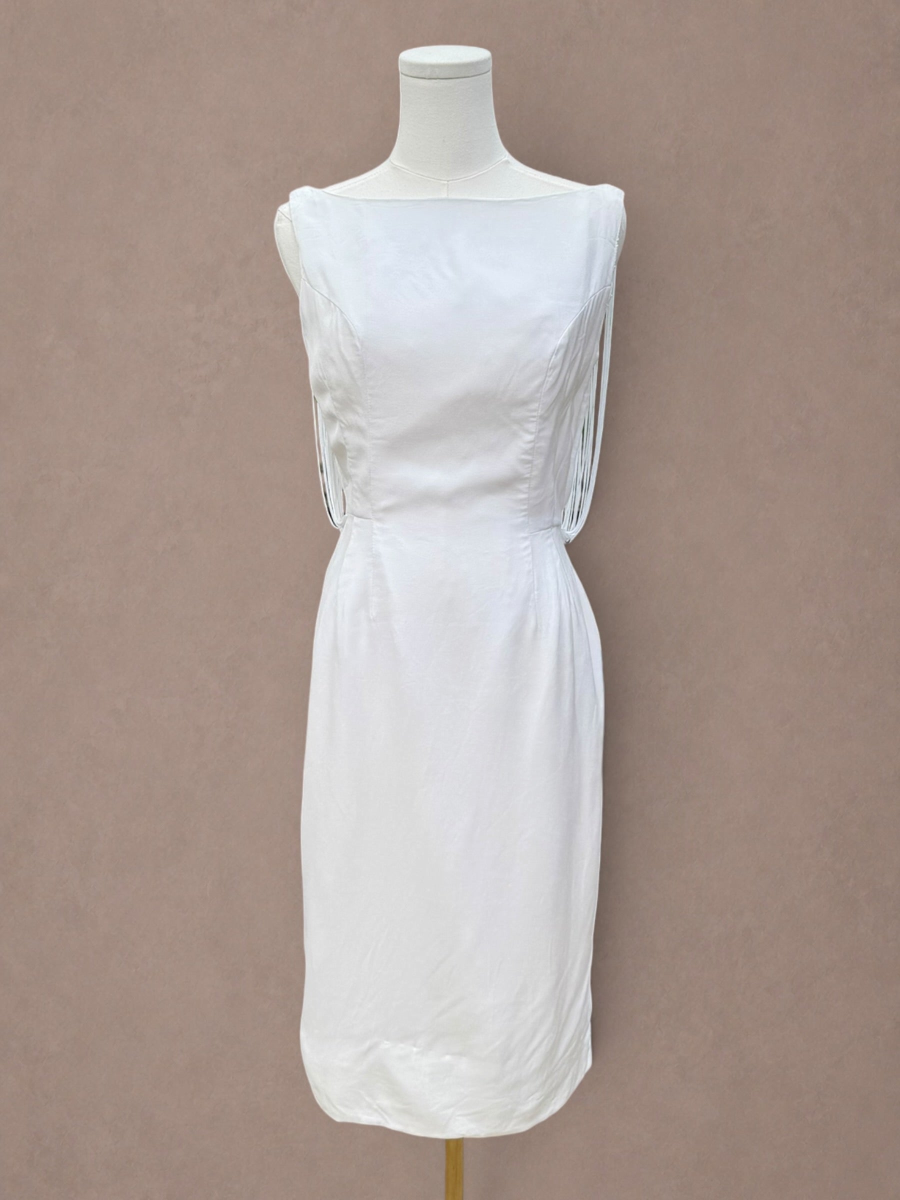 White Fringe Back 60s Wiggle Dress