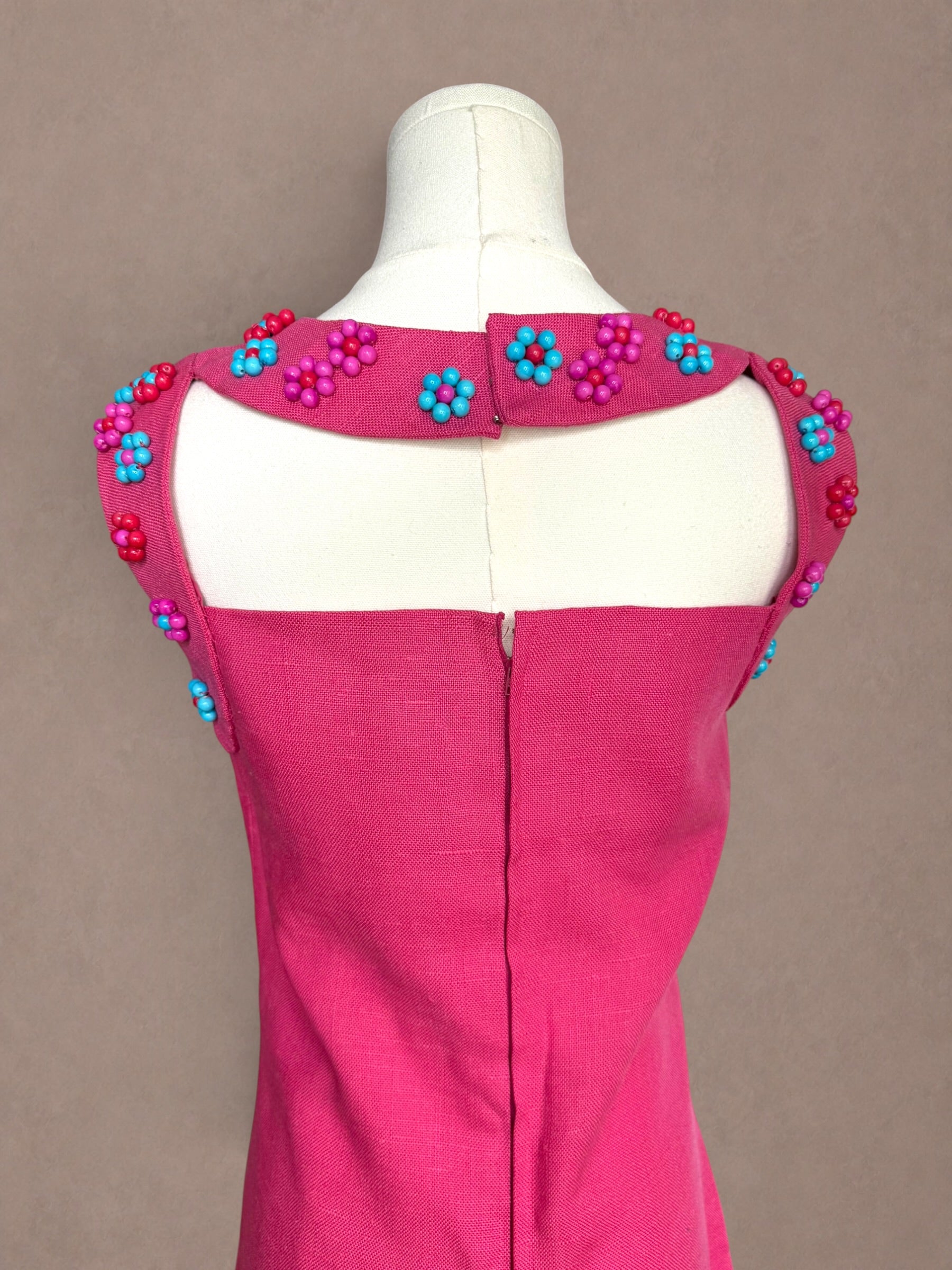 Pink Beaded Mod Mini Dress • Linen Shift Dress • Candy Colored Floral Beadwork