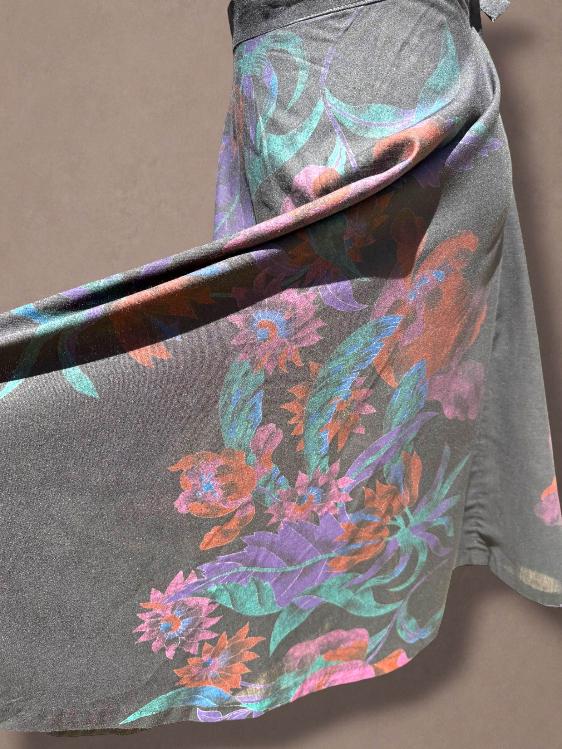 Black & Jewel Tone Floral Print 70s Midi Skirt