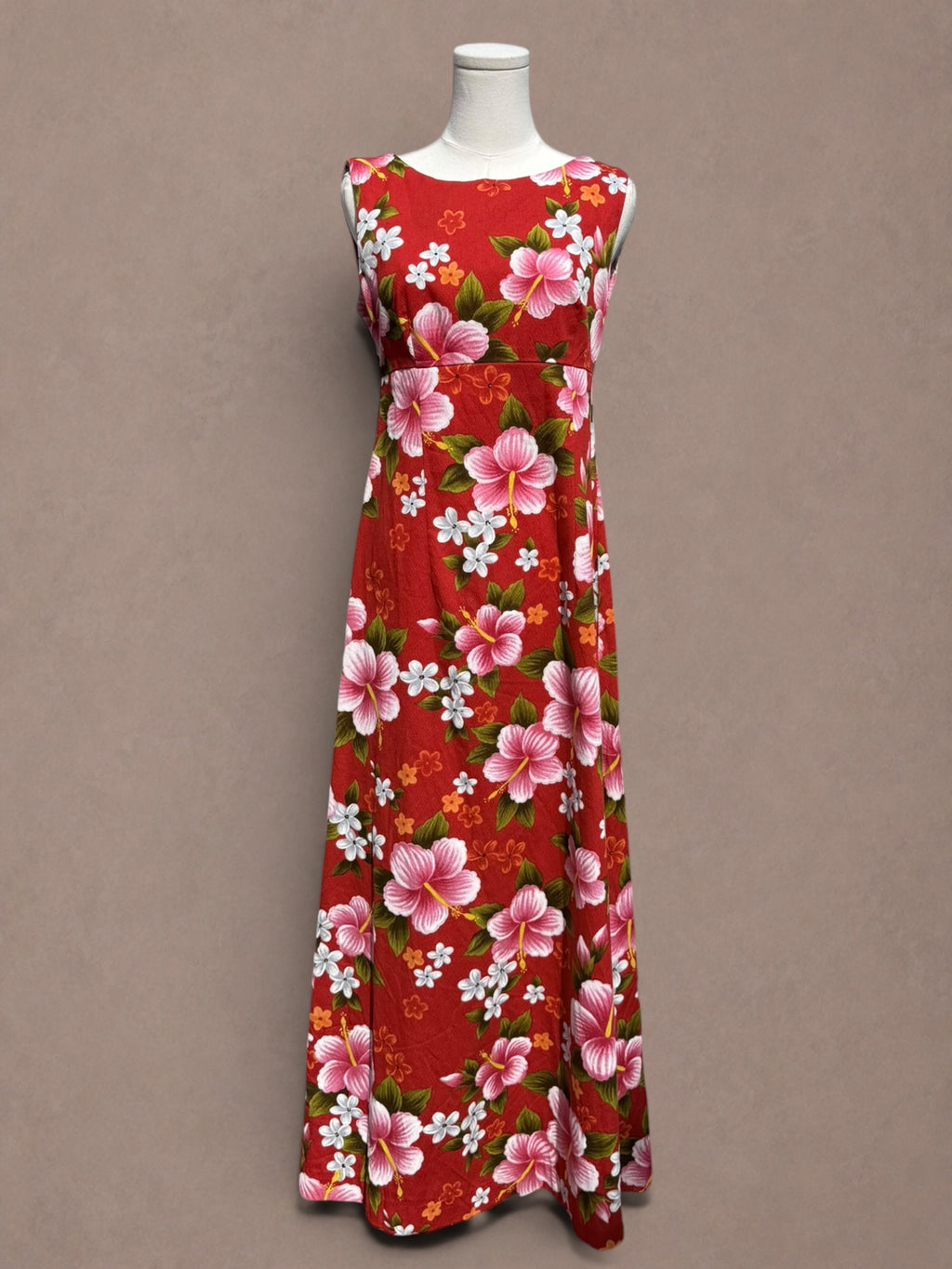Red 60s Ui-Maikai Hawaiian Hibiscus Maxi Dress