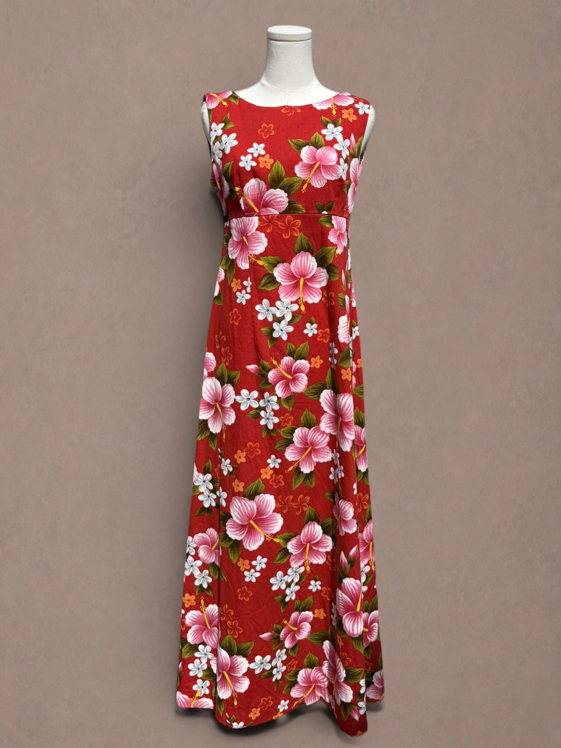 Red 60s Ui-Maikai Hawaiian Hibiscus Maxi Dress