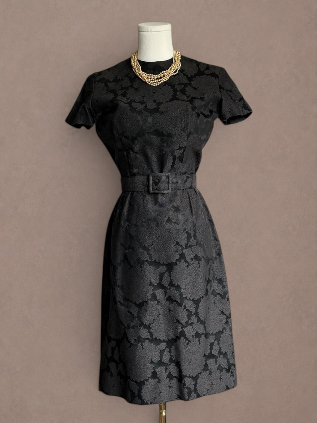 Black Floral Brocade 50s Cocktail Dress with Matching Belt