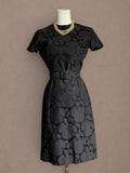 Black Floral Brocade 50s Cocktail Dress with Matching Belt