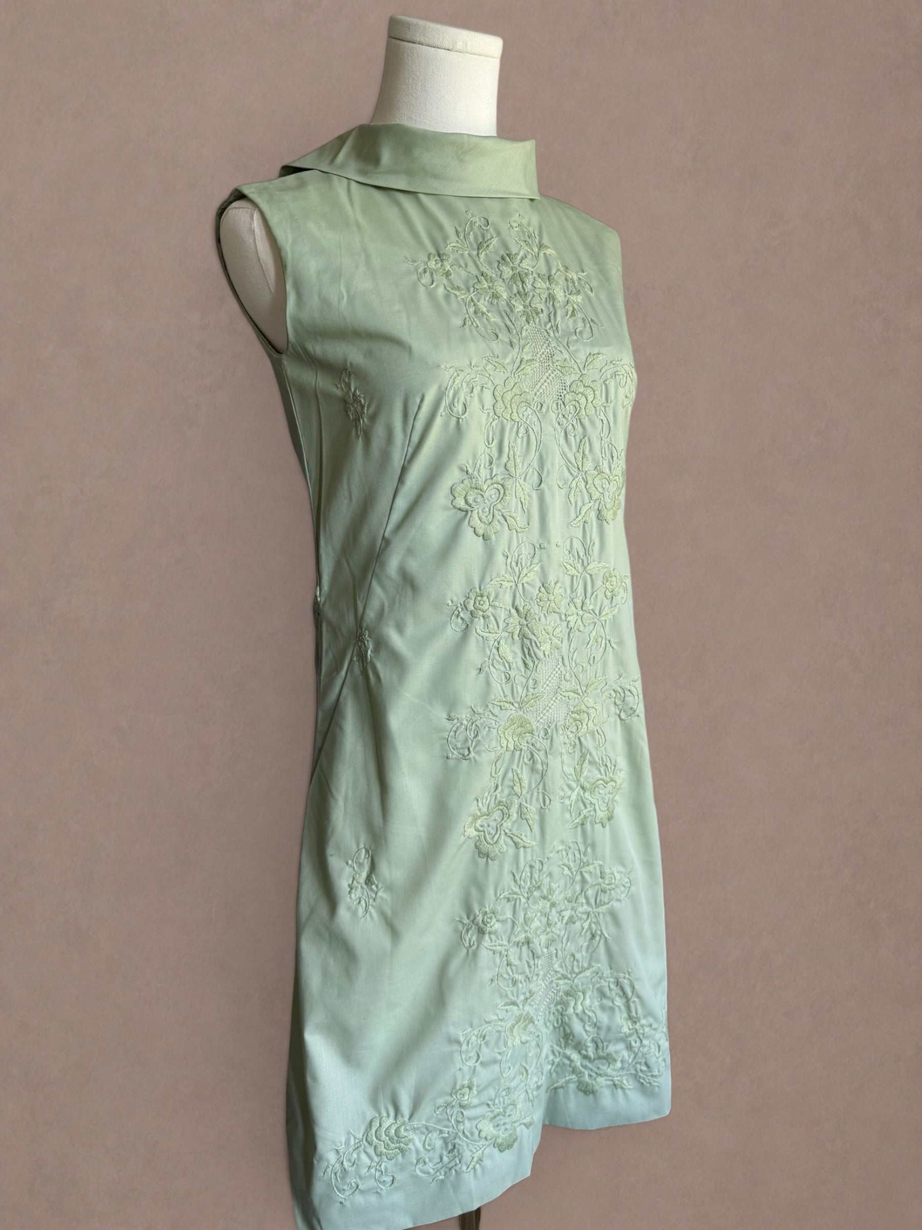 Sage Green 60s Embroidered Cotton Mini