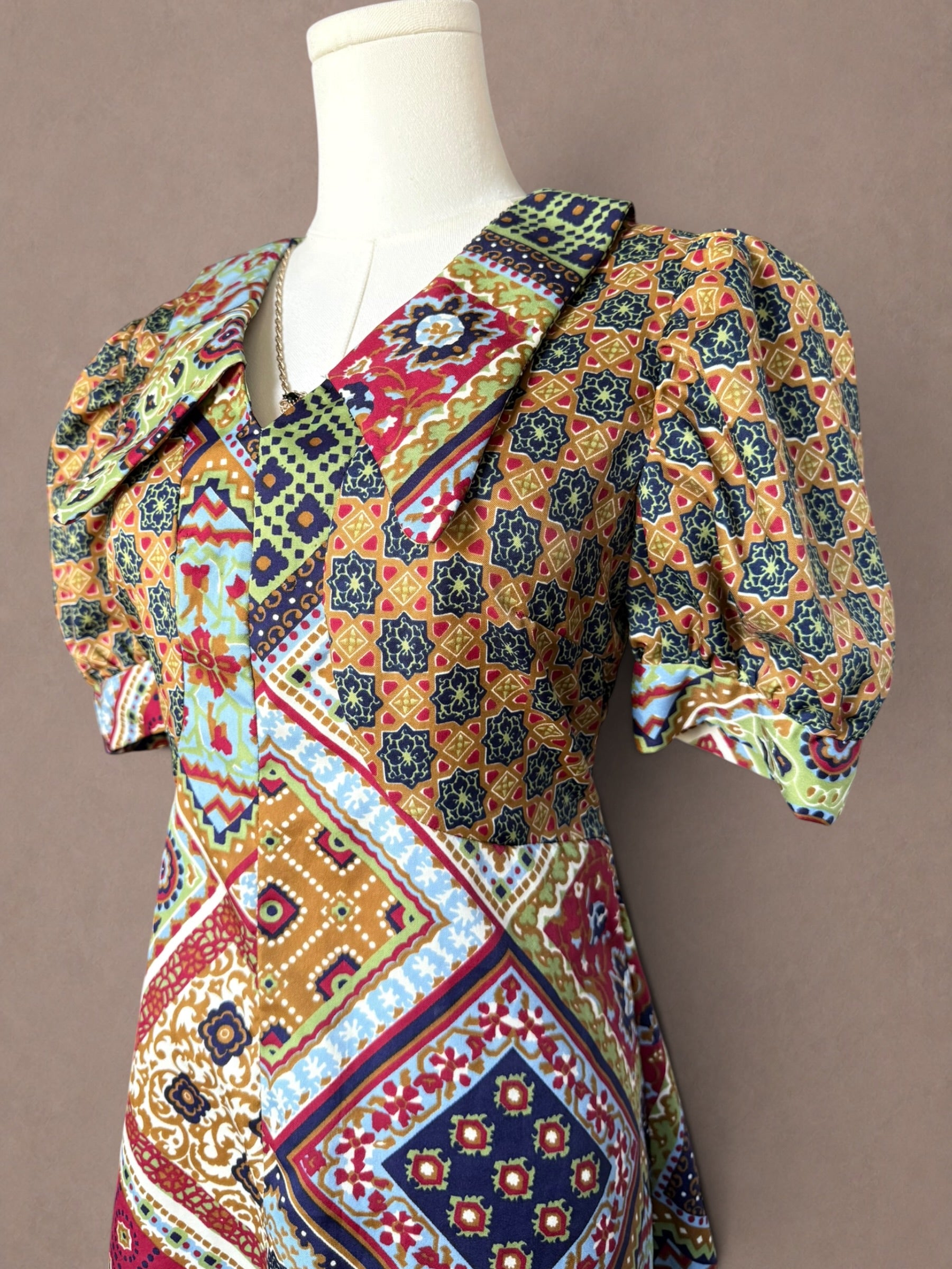 Patchwork Scarf Print 70s Mini Dress with Puff Sleeves
