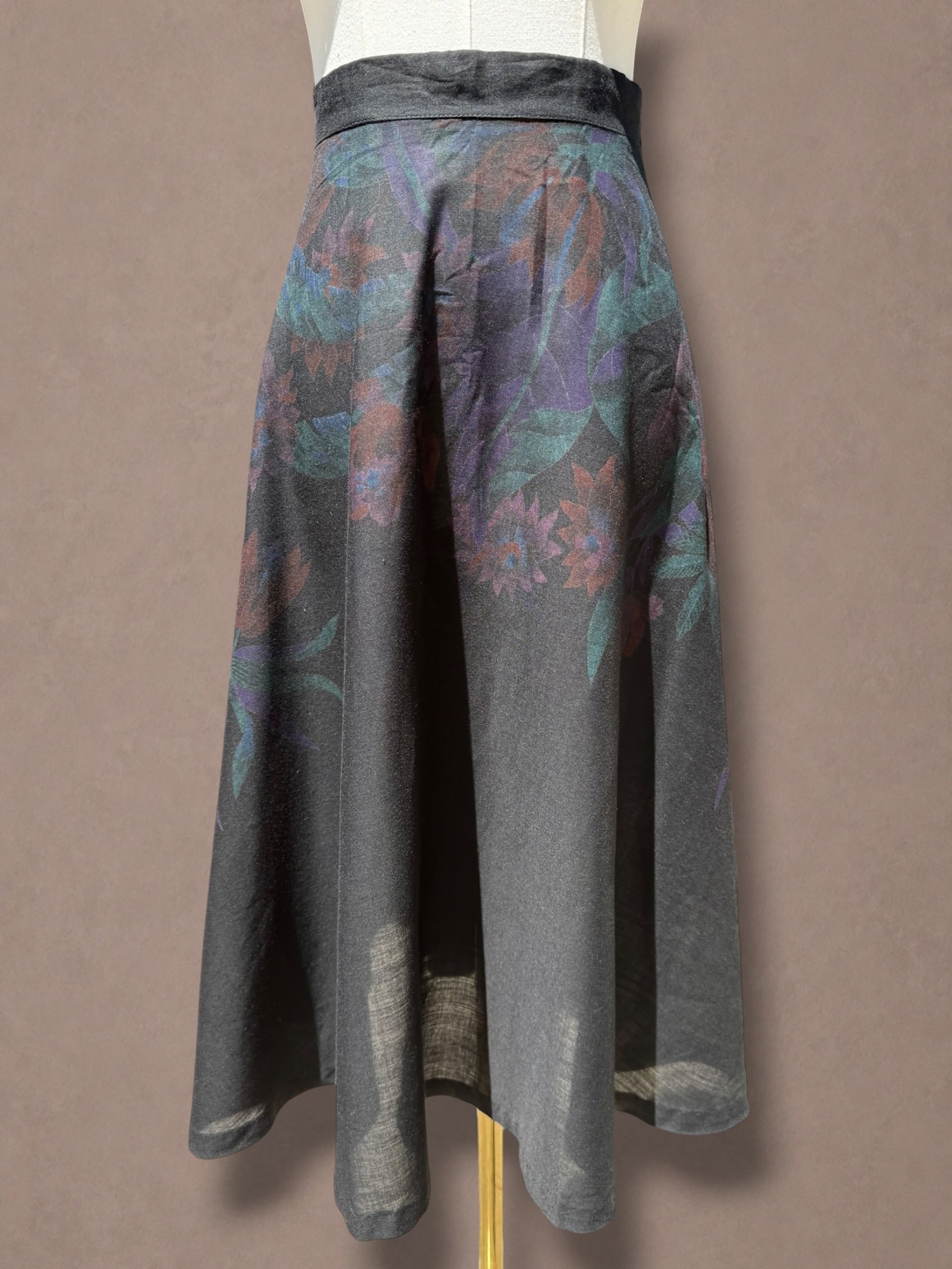 Black & Jewel Tone Floral Print 70s Midi Skirt