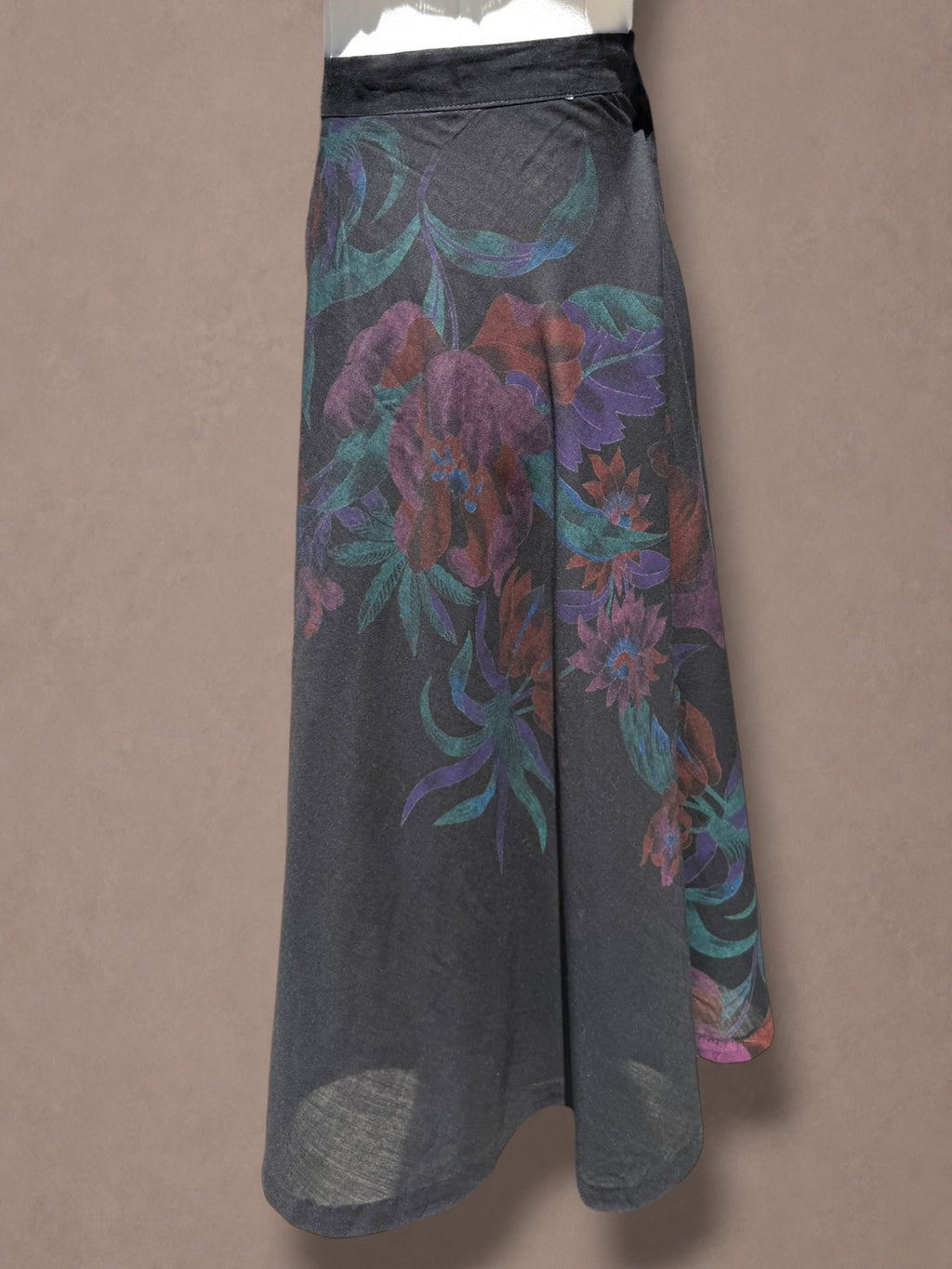 Black & Jewel Tone Floral Print 70s Midi Skirt