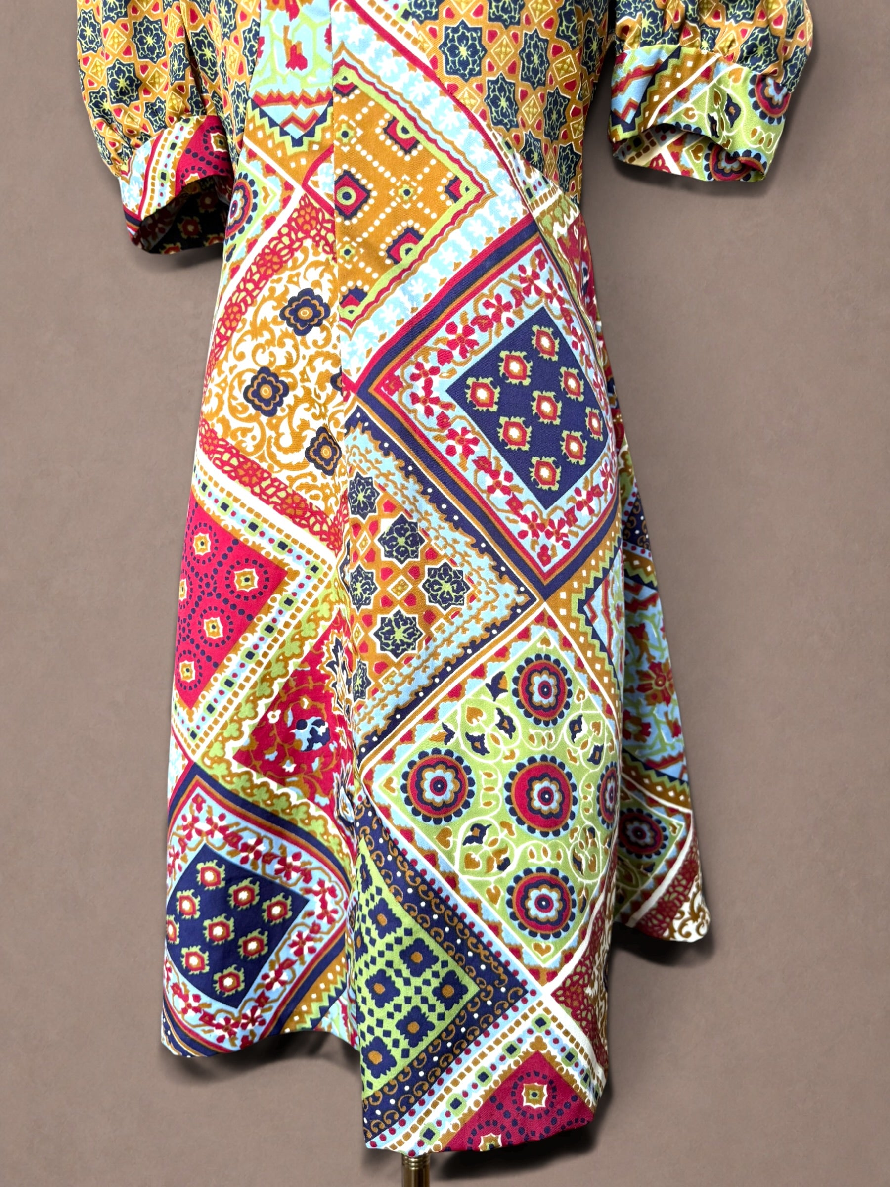 Patchwork Scarf Print 70s Mini Dress with Puff Sleeves