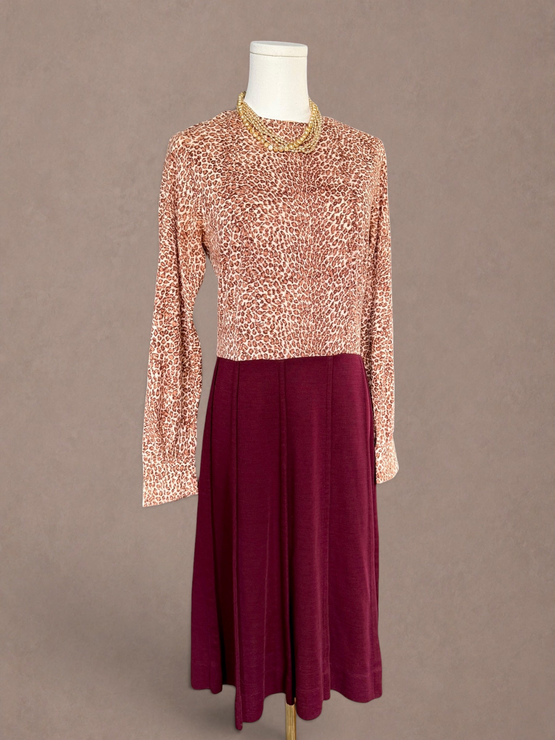 Leopard Print Knit Dress – Burgundy Panel Skirt