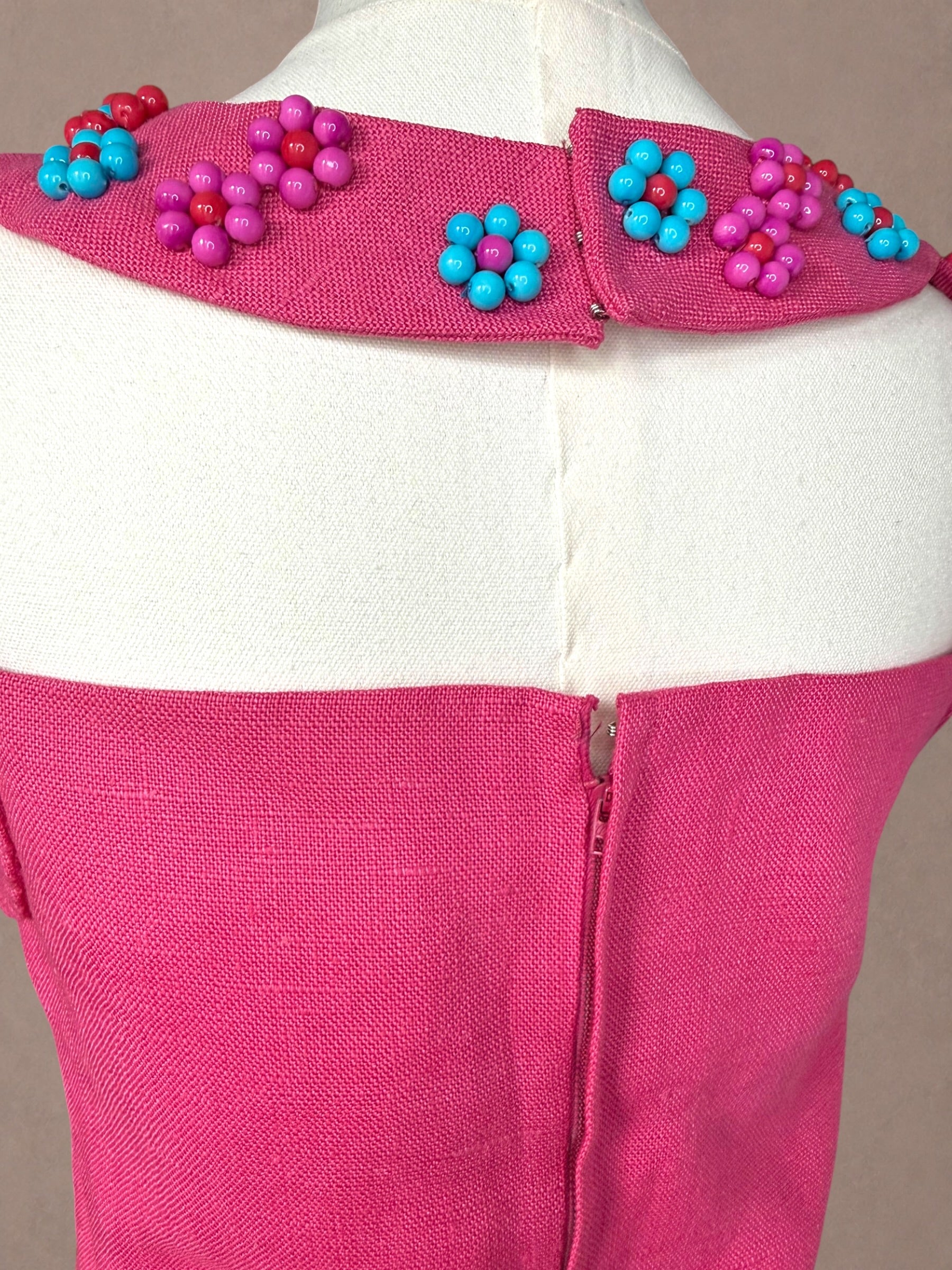 Pink Beaded Mod Mini Dress • Linen Shift Dress • Candy Colored Floral Beadwork