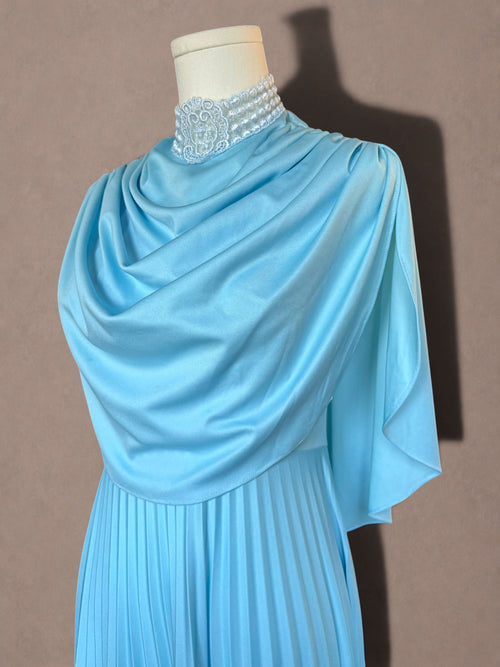 1970s Powder Blue Pleated Maxi Dress with Lace High Neck Cape Overlay