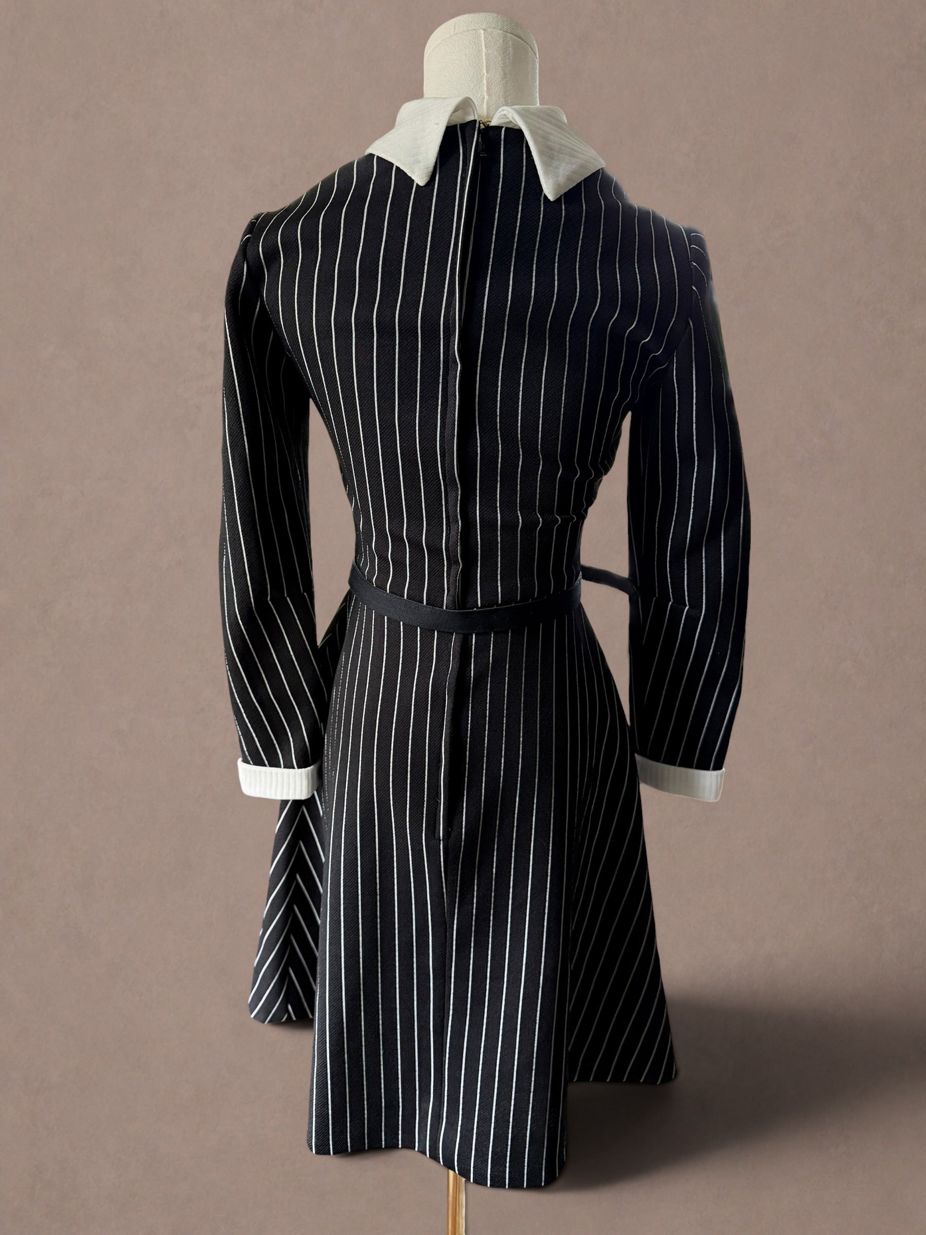 Mod Revival 70s Pinstripe Dress with Sculptural Collar