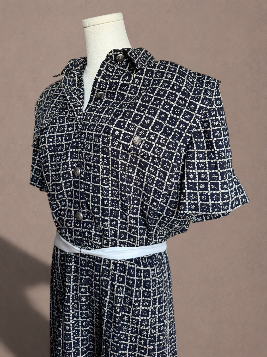 Leslie Fay 80s Does 40s Grid Print Pleated Shirt Dress