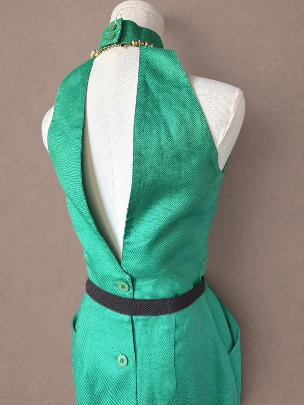 Neiman Marcus Emerald Green 70s Open Back Halter Dress
