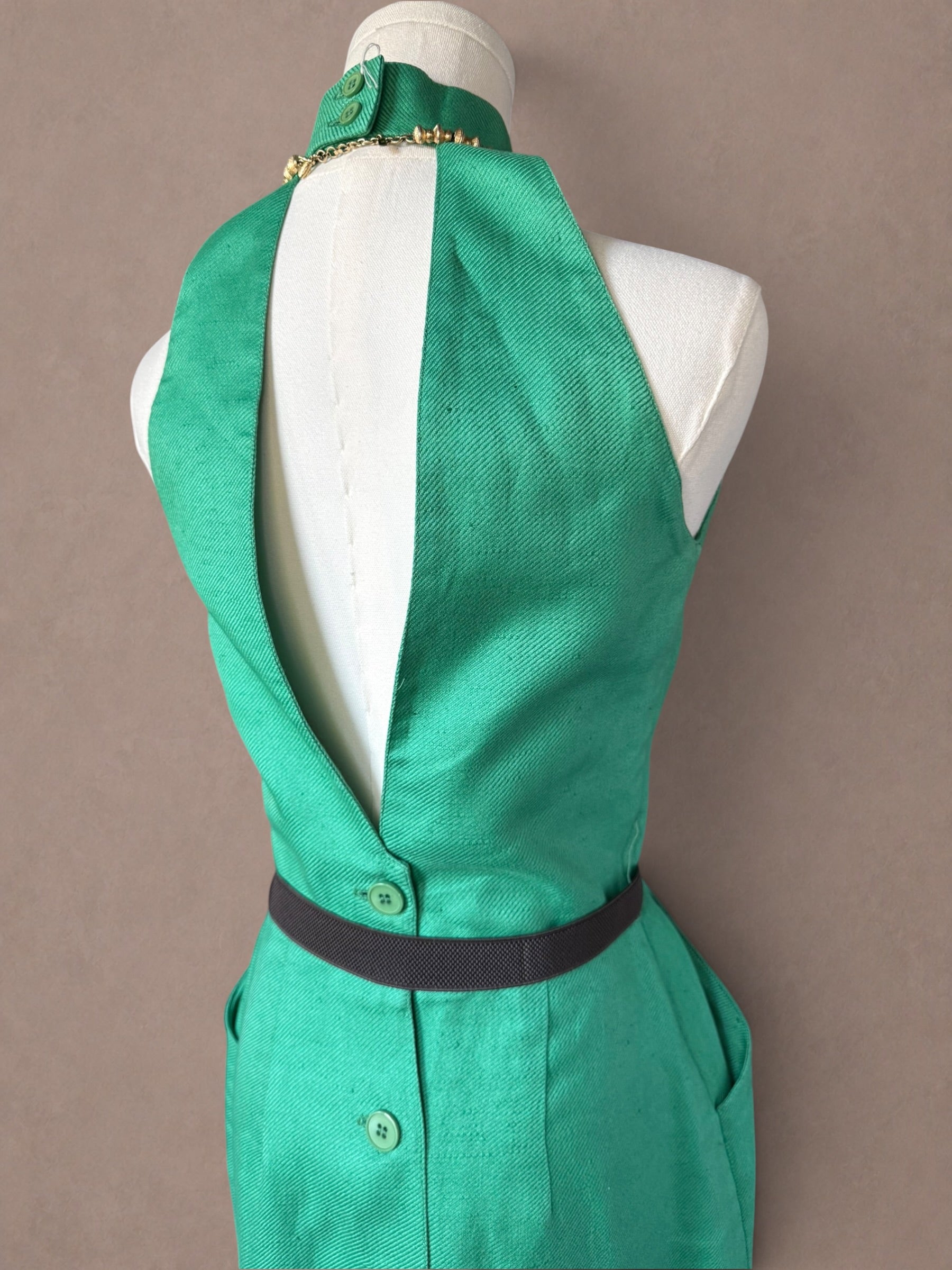 Neiman Marcus Emerald Green 70s Open Back Halter Dress