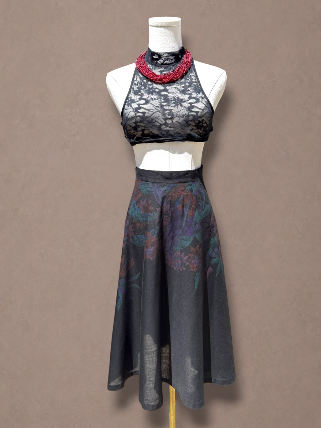 Black & Jewel Tone Floral Print 70s Midi Skirt
