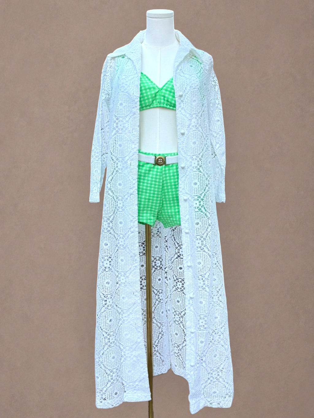 Green Gingham 60s Two Piece Swimsuit Set with Belt