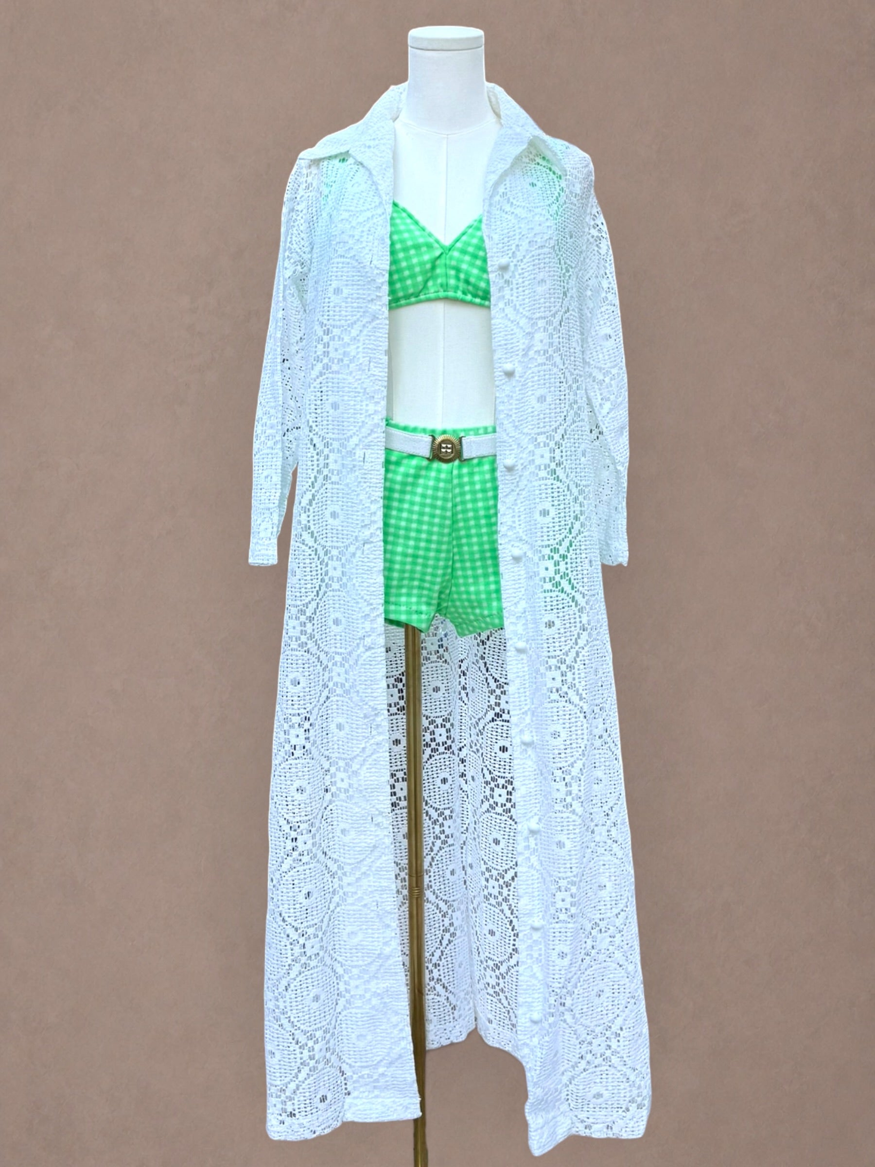 Green Gingham 60s Two Piece Swimsuit Set with Belt