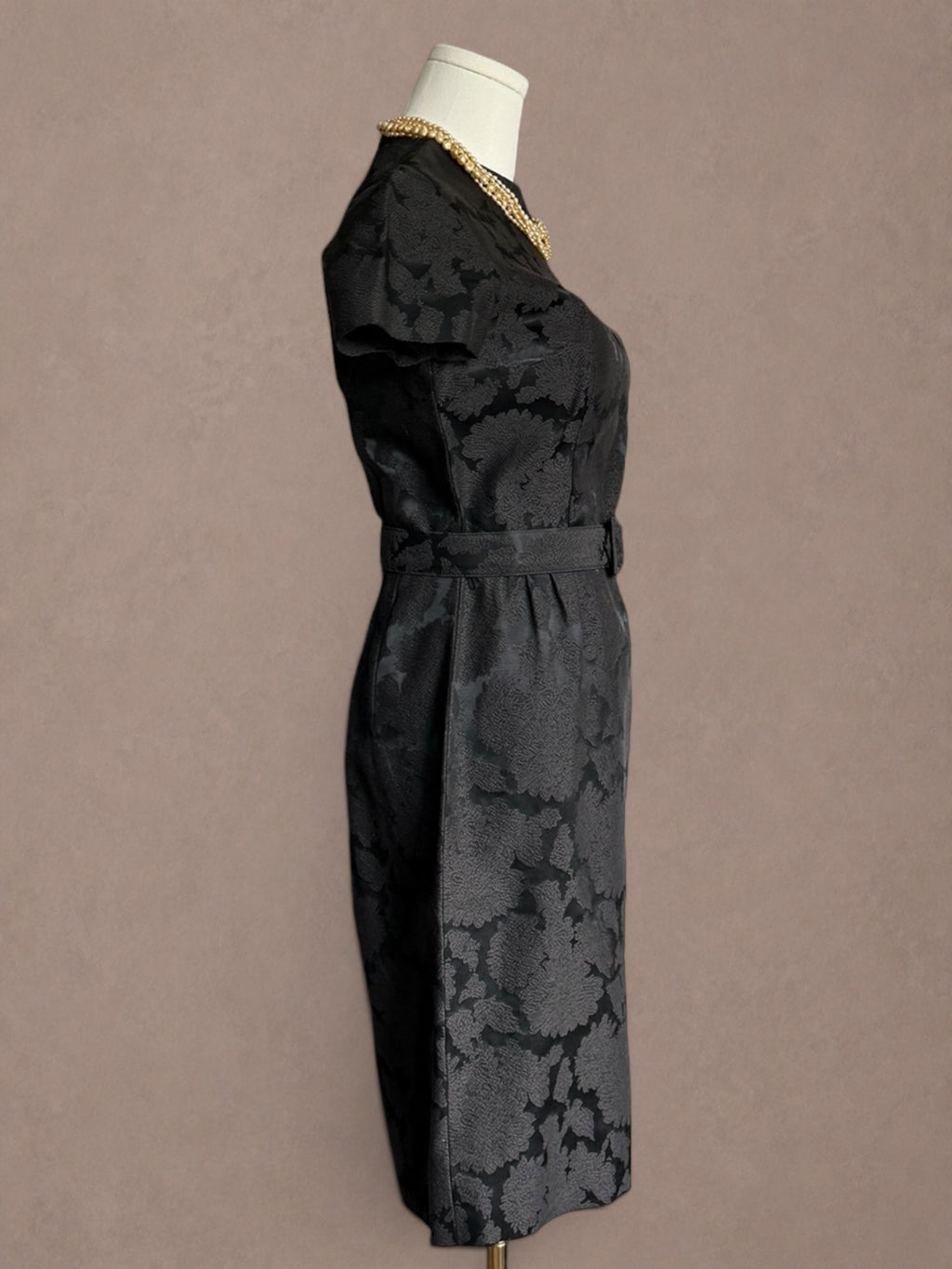 Black Floral Brocade 50s Cocktail Dress with Matching Belt