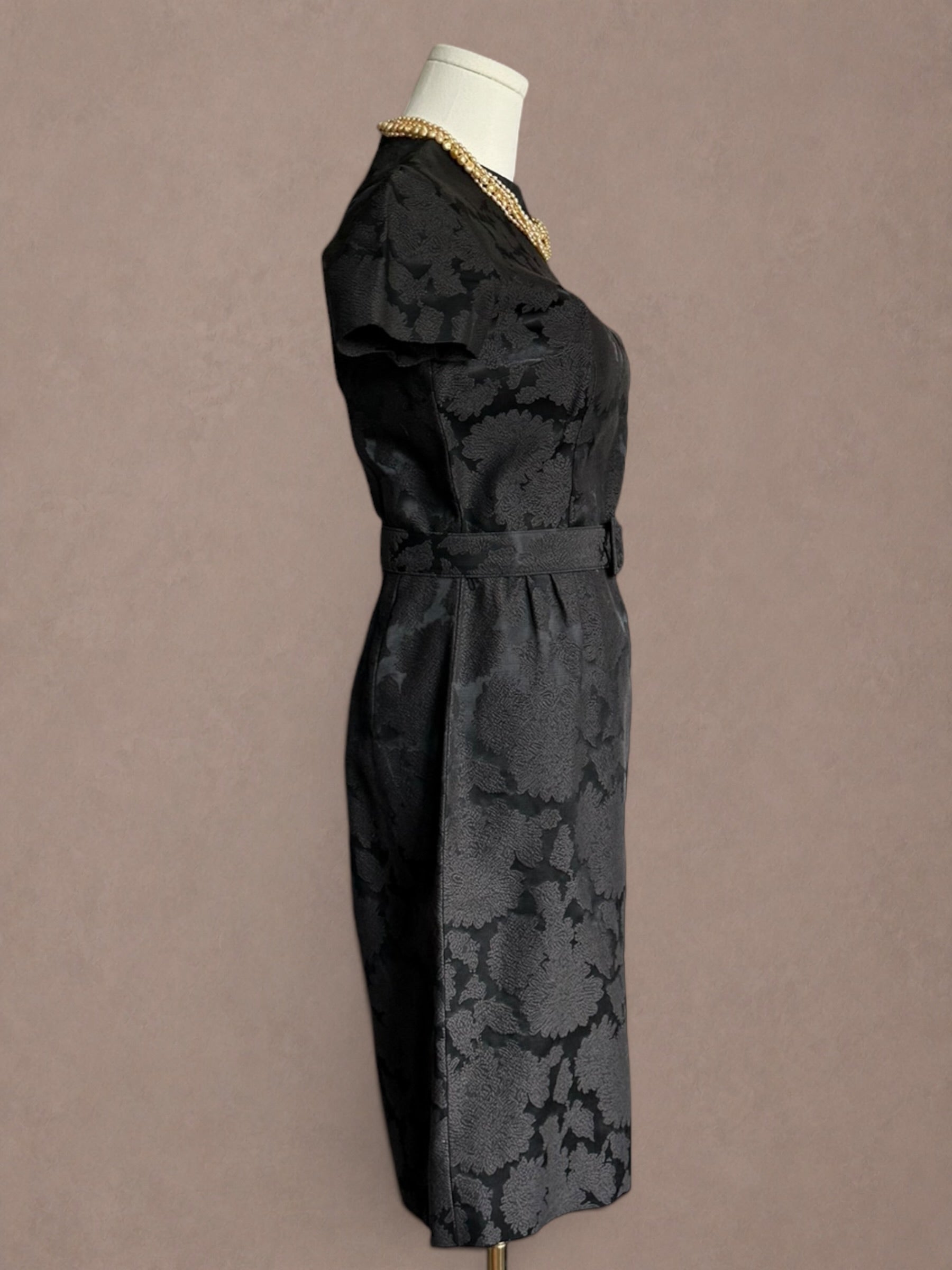 Black Floral Brocade 50s Cocktail Dress with Matching Belt
