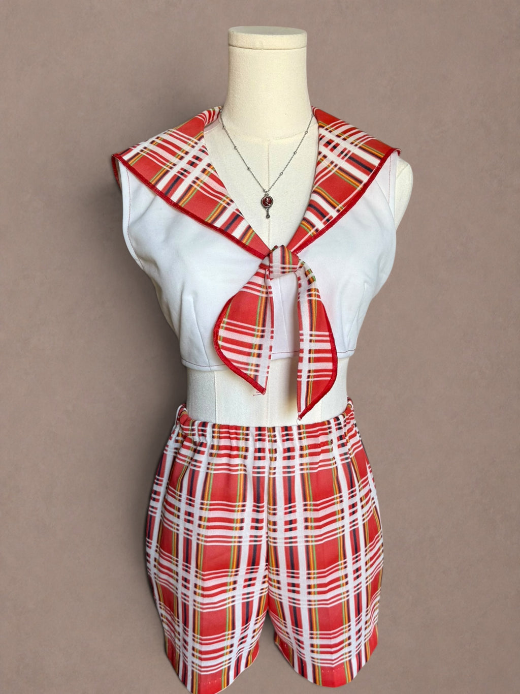 Red Plaid 70s Sailor Short Set- Deadstock, Union Made