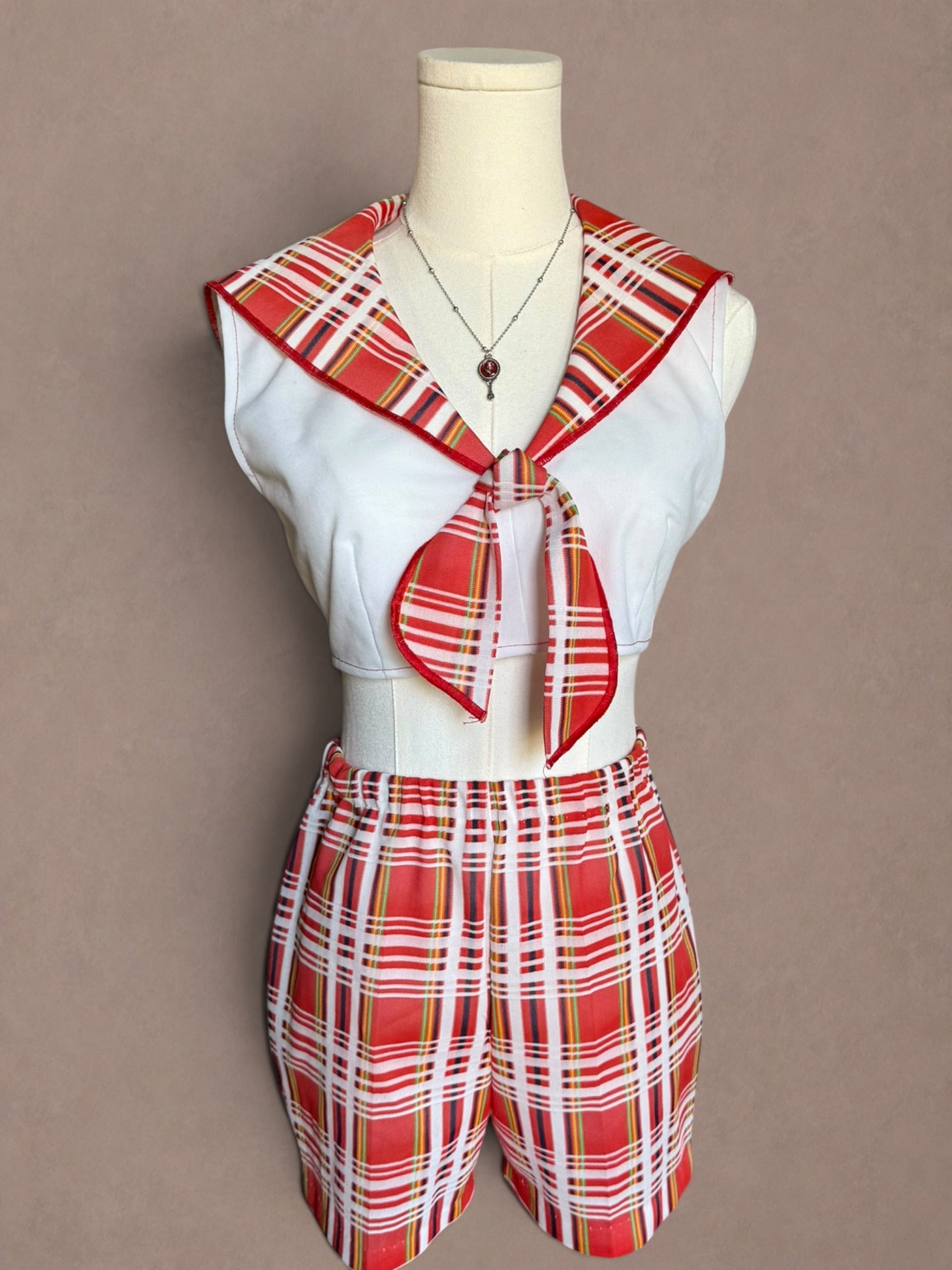 Red Plaid 70s Sailor Short Set- Deadstock, Union Made