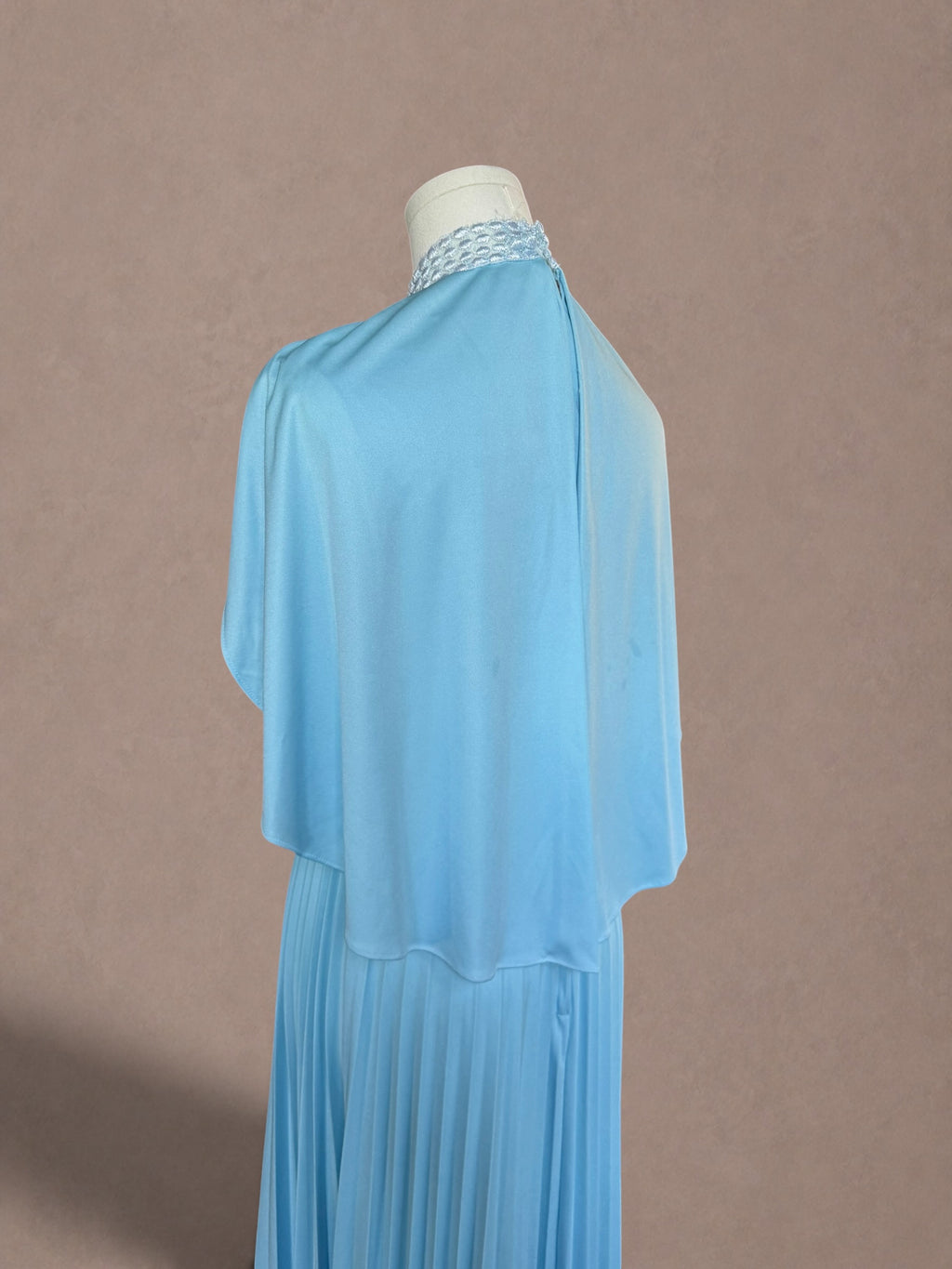 1970s Powder Blue Pleated Maxi Dress with Lace High Neck Cape Overlay