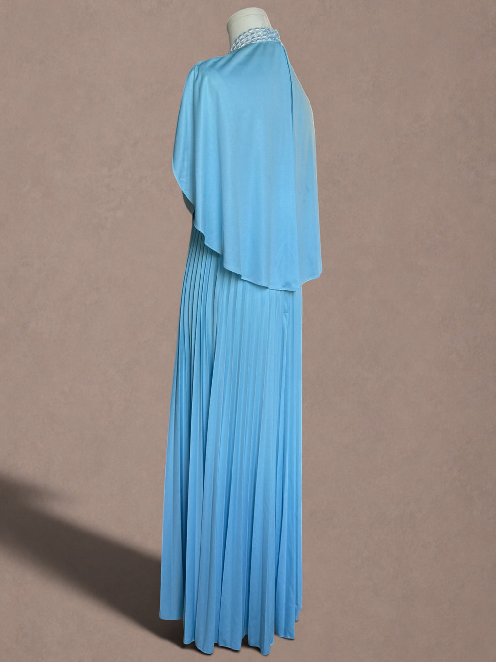 1970s Powder Blue Pleated Maxi Dress with Lace High Neck Cape Overlay