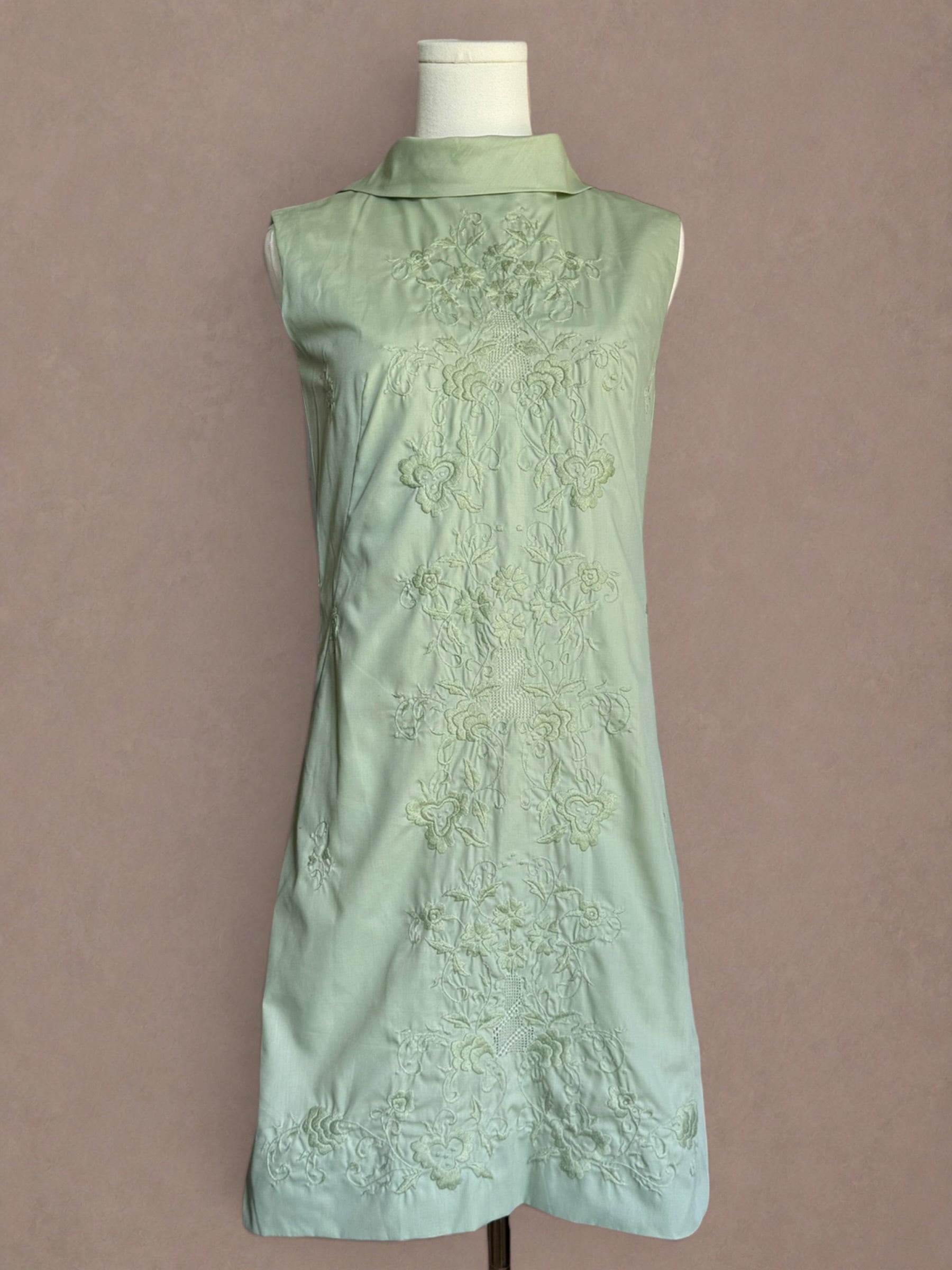 Sage Green 60s Embroidered Cotton Mini