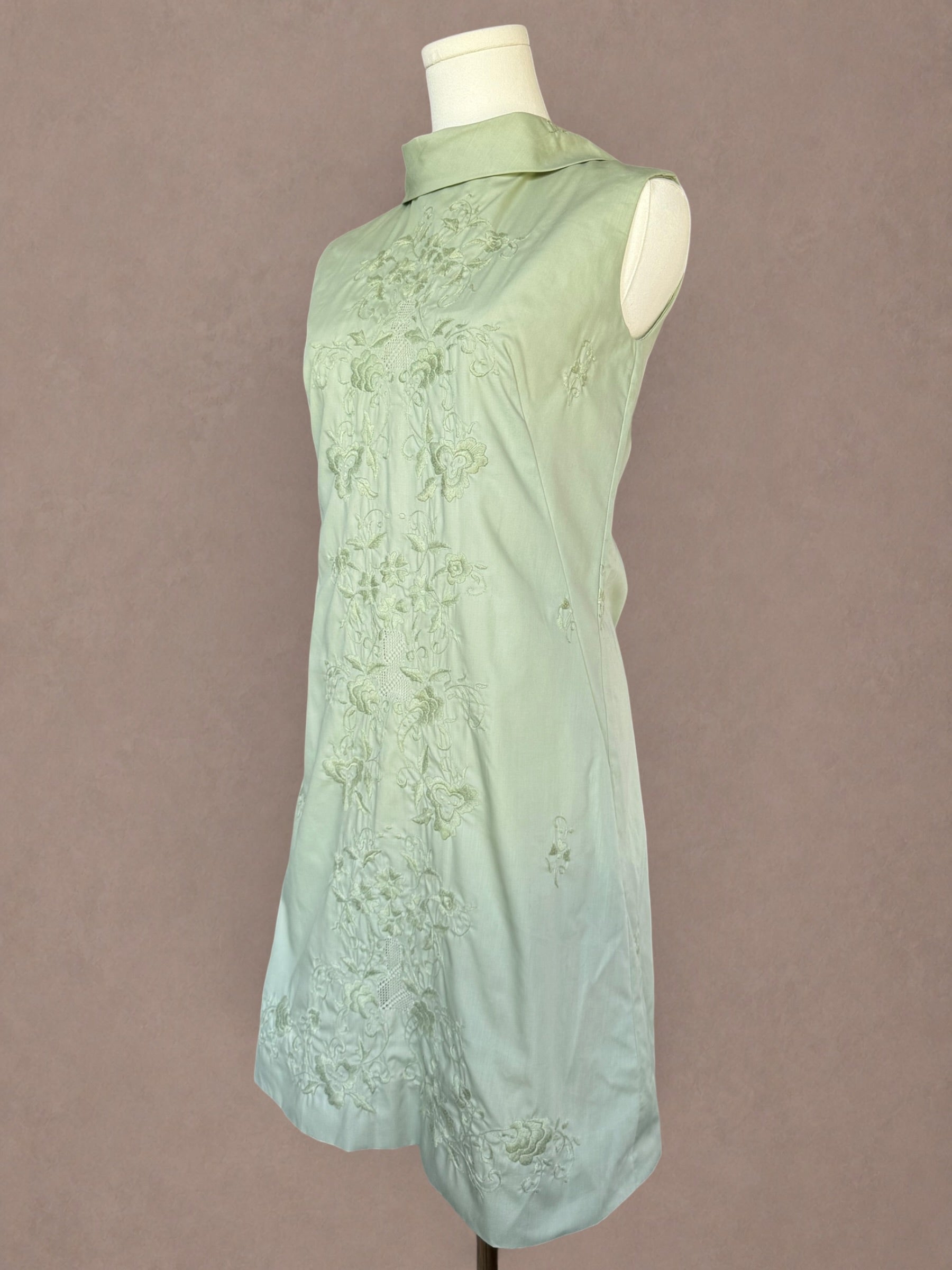 Sage Green 60s Embroidered Cotton Mini