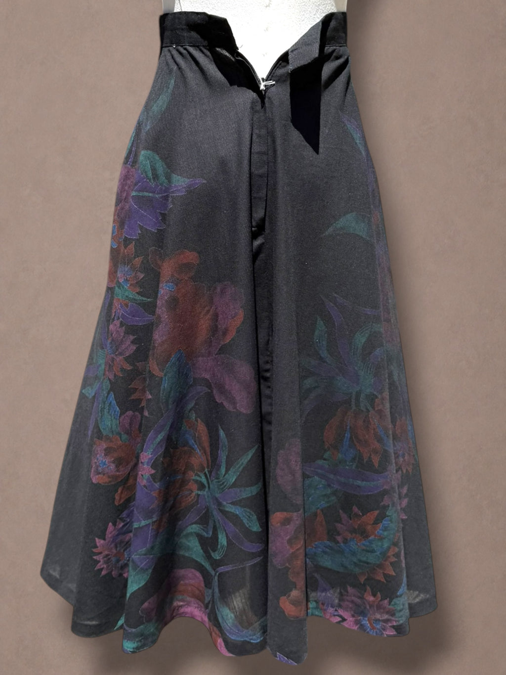 Black & Jewel Tone Floral Print 70s Midi Skirt