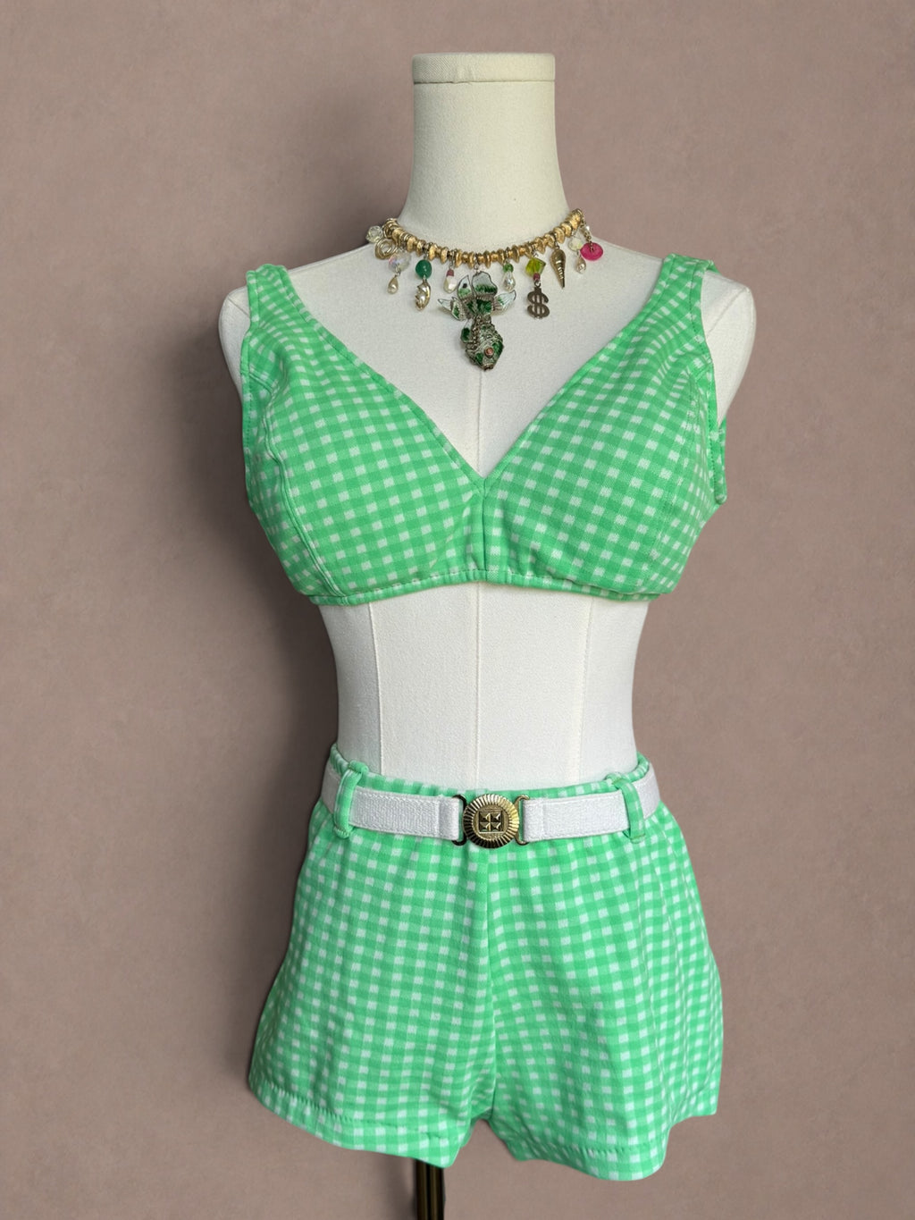 Green Gingham 60s Two Piece Swimsuit Set with Belt