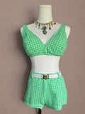 Green Gingham 60s Two Piece Swimsuit Set with Belt