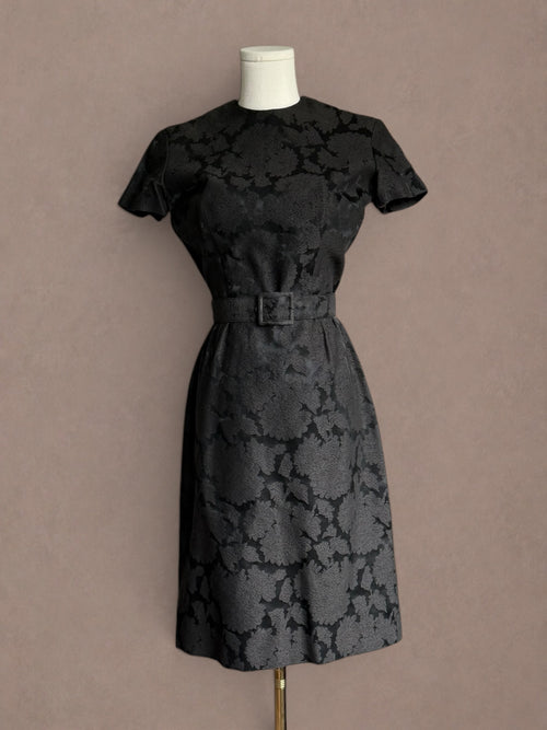 Black Floral Brocade 50s Cocktail Dress with Matching Belt