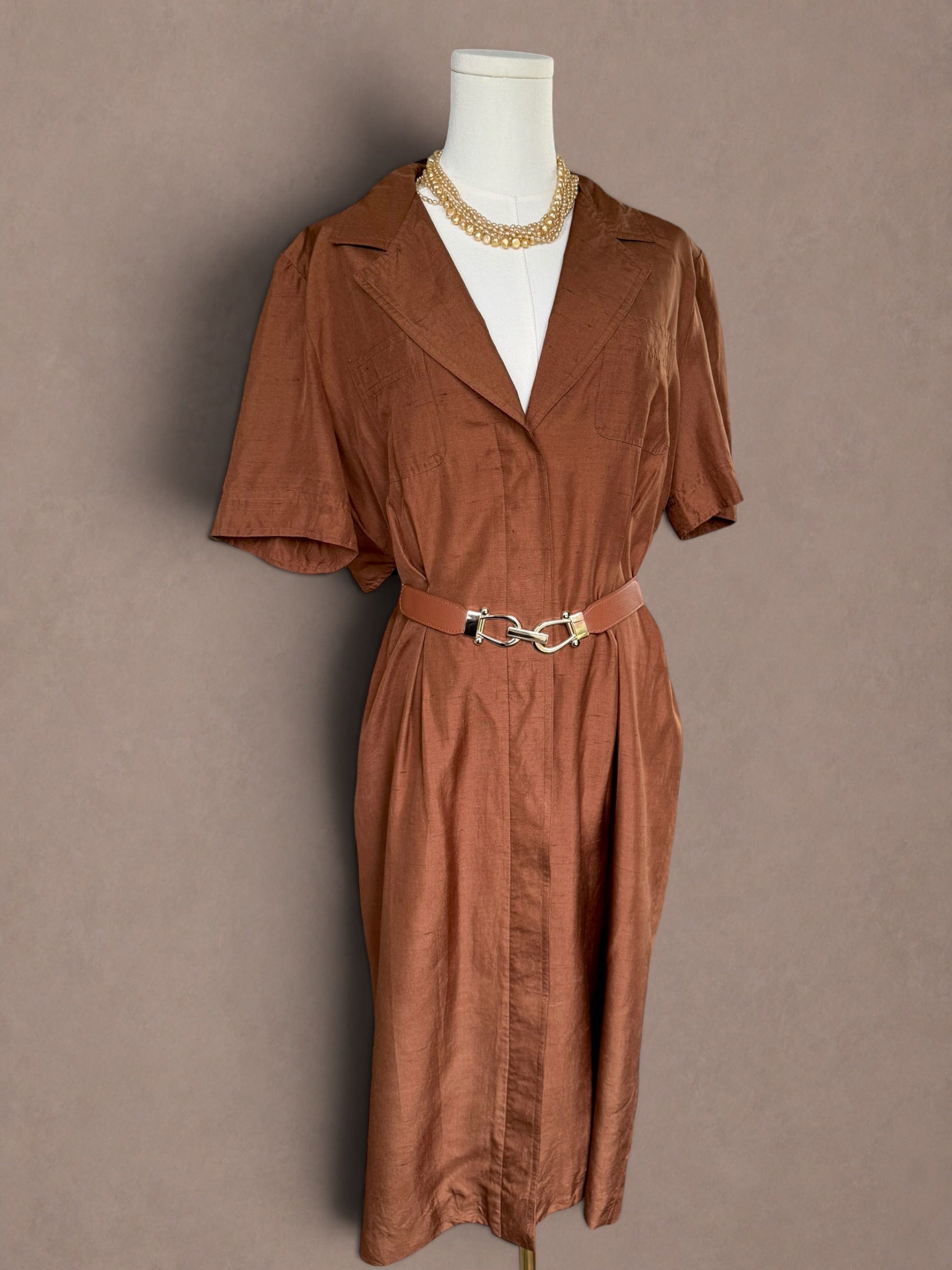 Copper Silk 80s does 40s Shirt Dress Day Dress by G.B. Sott