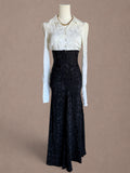 Mr. Boots Black & Ivory Jacquard Maxi Dress with Abstract Satin Skirt