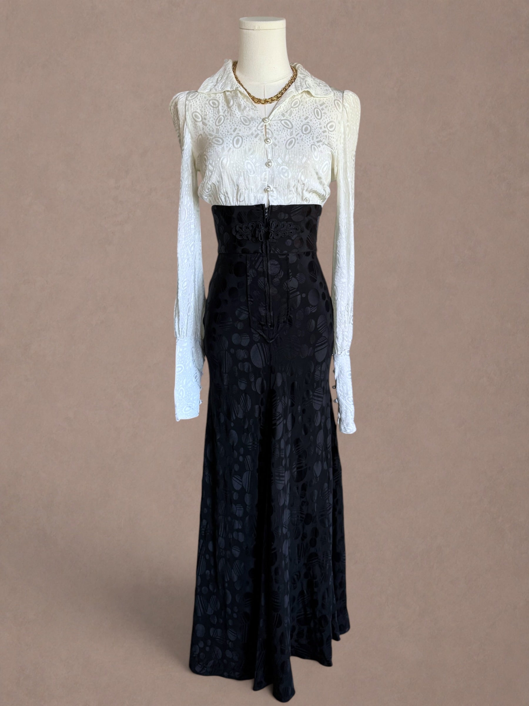 Mr. Boots Black & Ivory Jacquard Maxi Dress with Abstract Satin Skirt