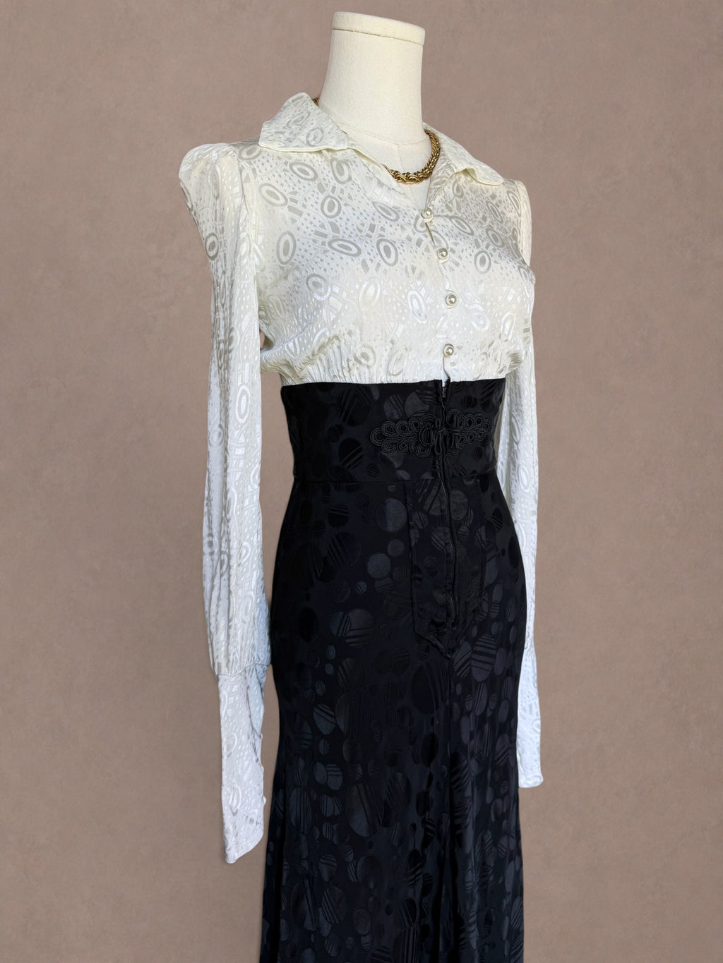 Mr. Boots Black & Ivory Jacquard Maxi Dress with Abstract Satin Skirt