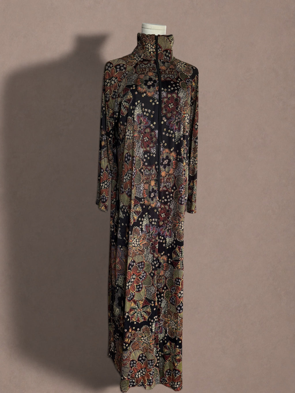 Psychedelic Owl Print 70s Zip Front Hostess Dress by Butterfield 8