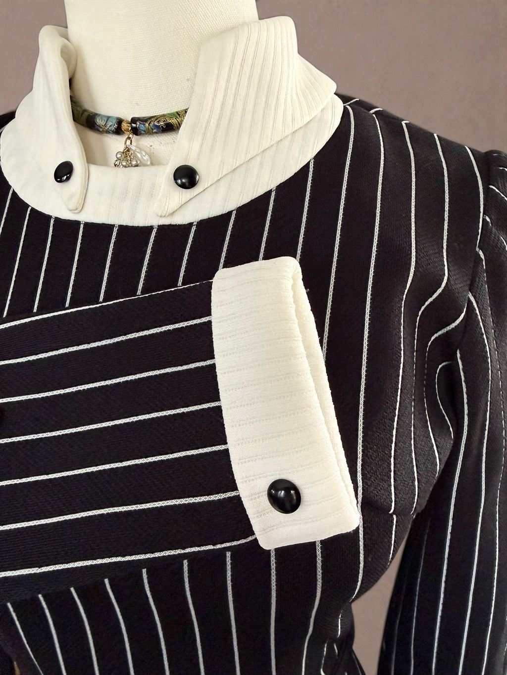 Mod Revival 70s Pinstripe Dress with Sculptural Collar