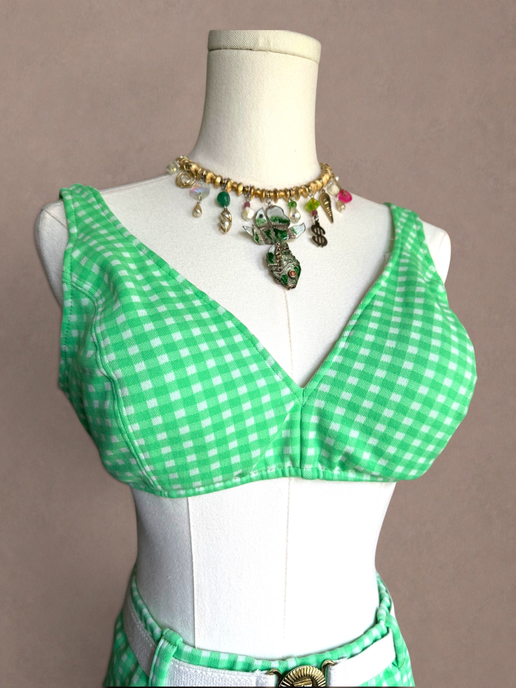 Green Gingham 60s Two Piece Swimsuit Set with Belt