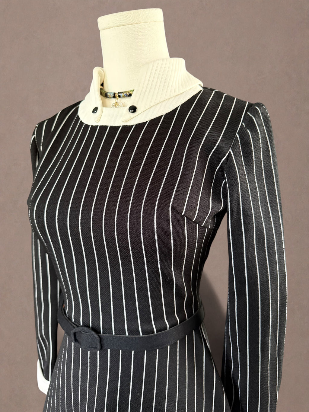 Mod Revival 70s Pinstripe Dress with Sculptural Collar