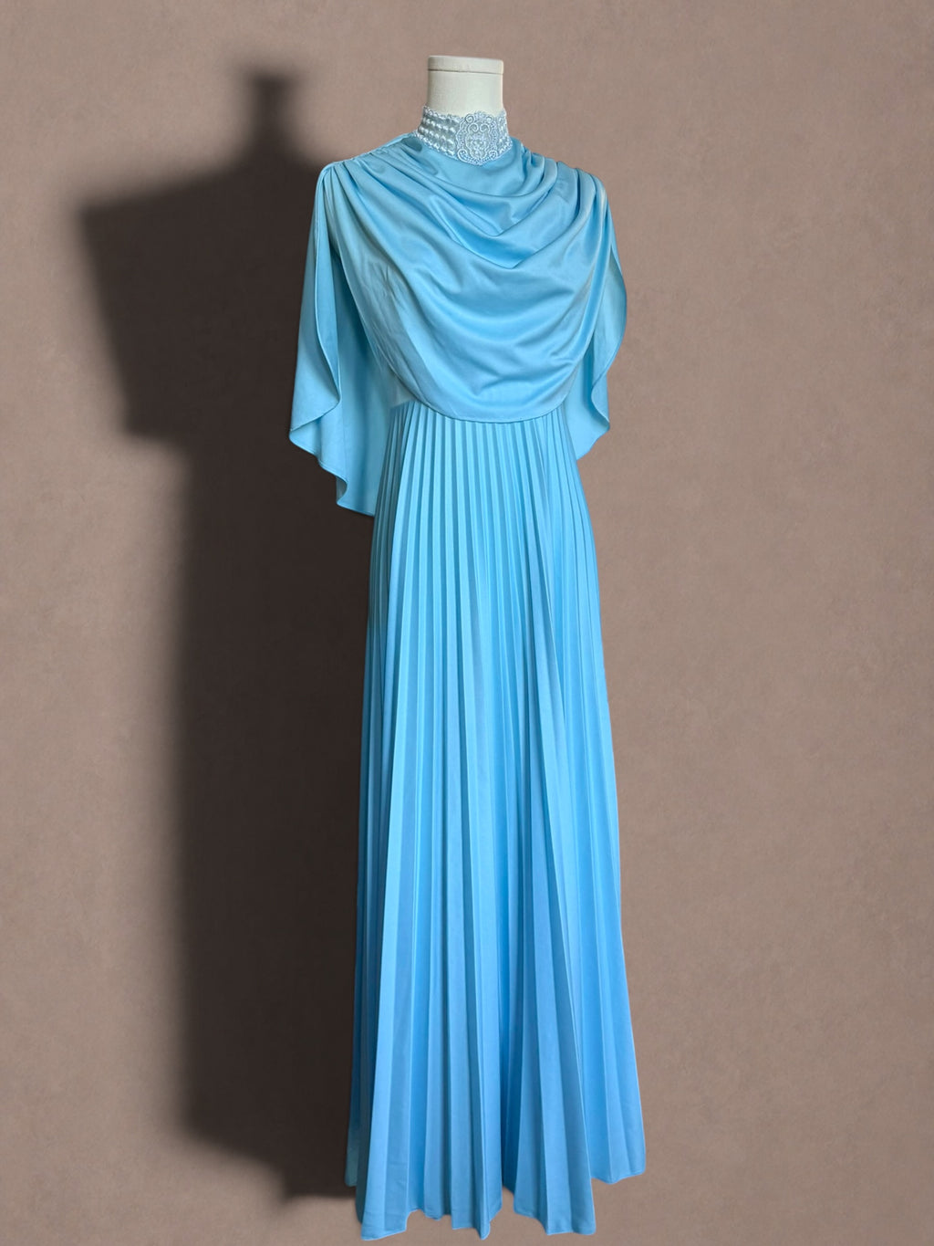 1970s Powder Blue Pleated Maxi Dress with Lace High Neck Cape Overlay