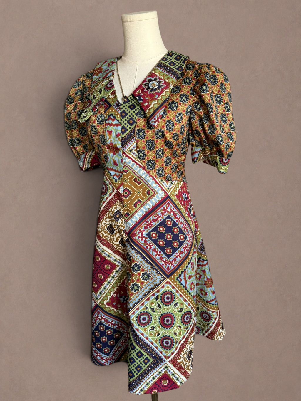 Patchwork Scarf Print 70s Mini Dress with Puff Sleeves