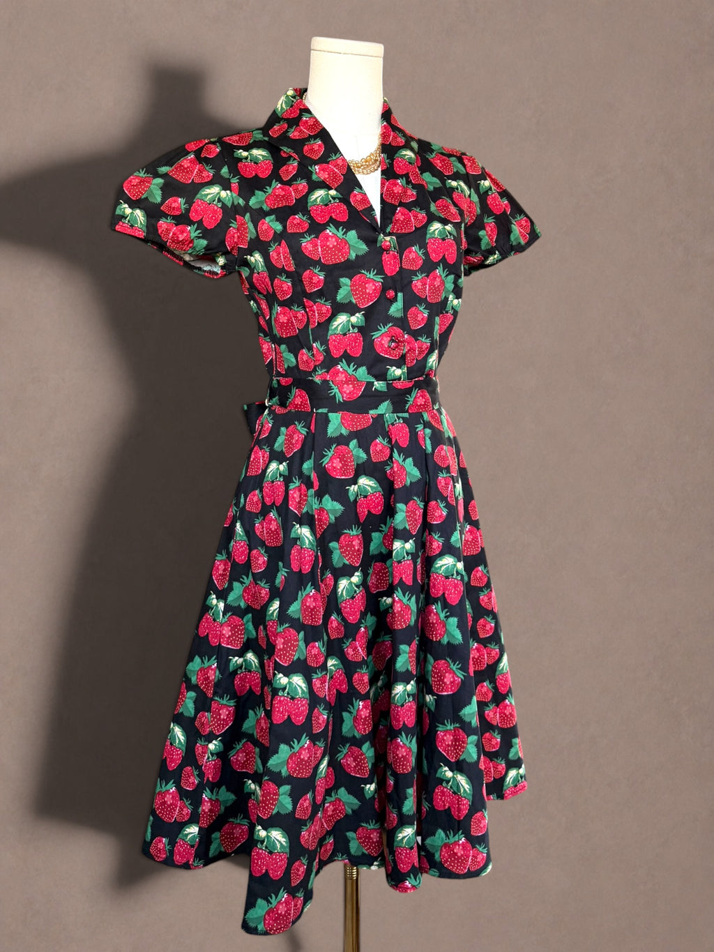 Vintage-Inspired Strawberry Print Dress with Tie Waist-New with Tags