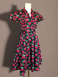 Vintage-Inspired Strawberry Print Dress with Tie Waist-New with Tags
