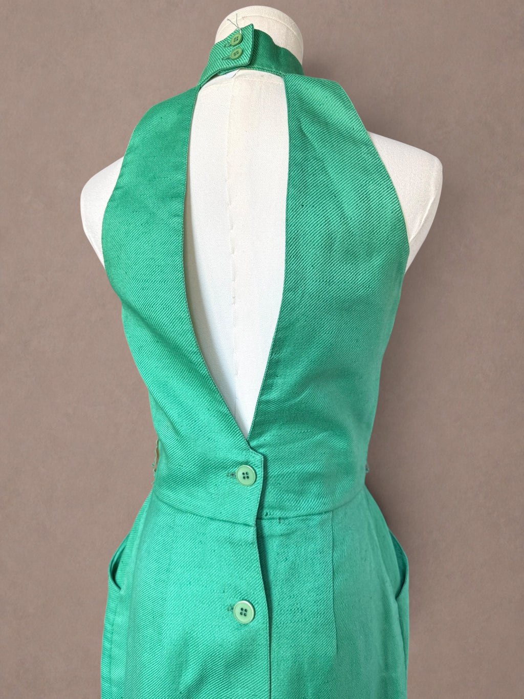 Neiman Marcus Emerald Green 70s Open Back Halter Dress